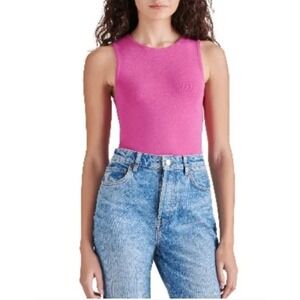 Steve Madden Women's Pink Ribbed Sleeveless‎ Snap Bottom Thong Bodysuit Size M